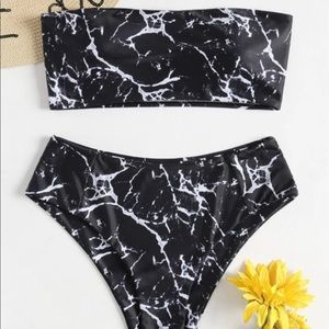 Marble Print High Waisted Bandeau Bikini Set